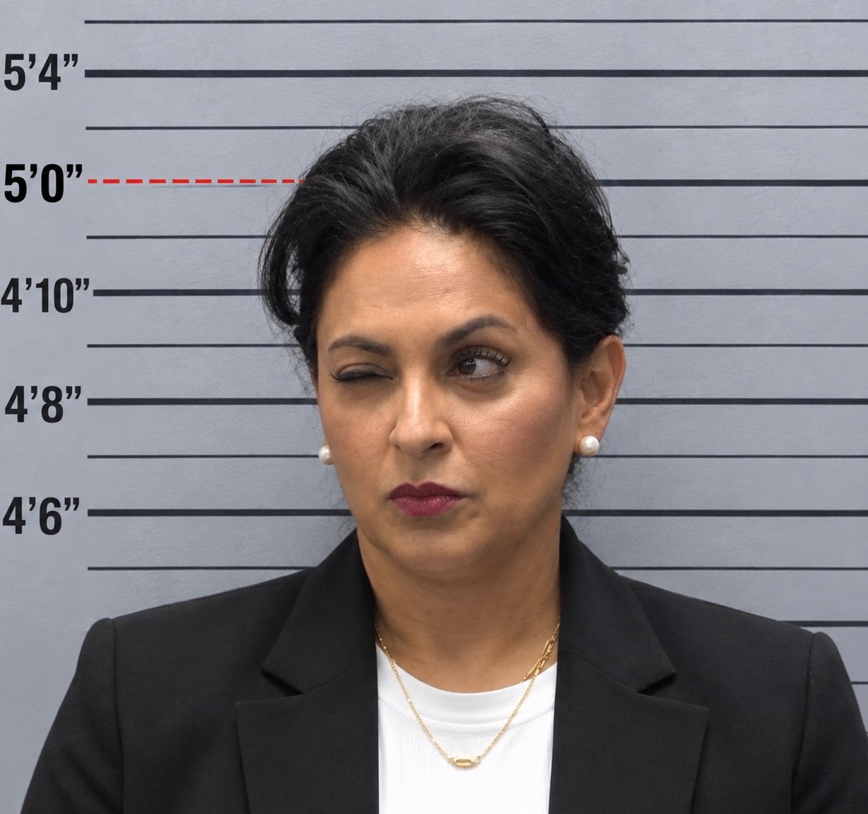 Portrait against an identification height chart